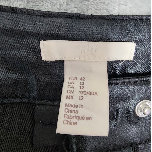 H&M Jeans Womens 12 Black Coated Faux Leather Stretch High Rise Skinny Zip Hem - Picture 4 of 10